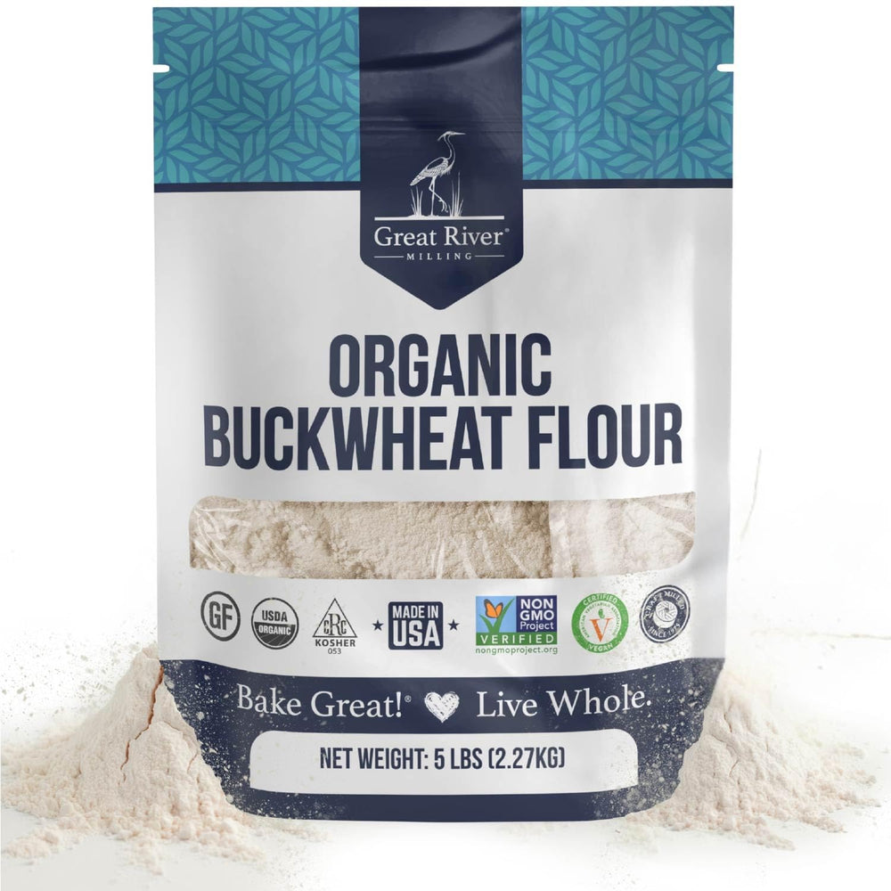 Great River Milling organic buckwheat flour packaging for gluten-free baking.