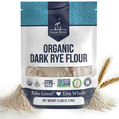 Great River Milling Organic Dark Rye Flour bag shows whole grain quality for hearty loaves