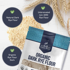 Great River Milling Organic Dark Rye Flour with rye bread slice on wooden board.