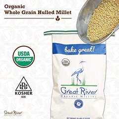 Great River Milling Organic Hulled Millet in a bowl, ideal for porridge or salads.