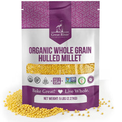 Great River Milling organic hulled millet kernels close-up, gluten-free fiber-rich kitchen staple.