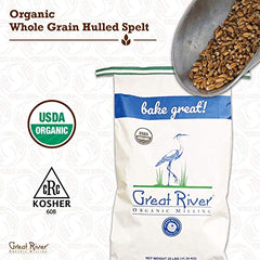 Great River Milling hulled spelt berries in a bowl highlighting high fiber and protein for hearty dishes