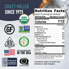 Great River Milling Organic Sorghum Flour measuring cup highlights versatile gluten free baking.
