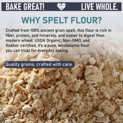 Close-up of Great River Milling Spelt Flour milled grain showing rich texture.