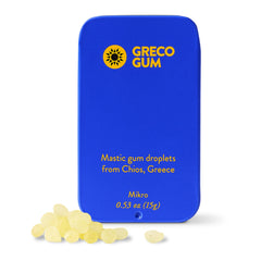 Greco Gum mastic droplets with piney flavor for on the go digestion support