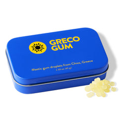 Greco Gum Mastic Droplets tin closeup showing pristine resin pieces for daily use.