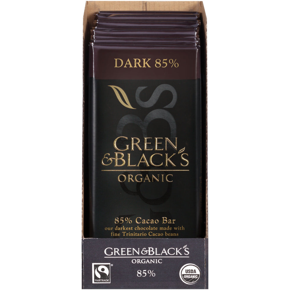 Green & Black's 85% chocolate pack 10 bars, outer box, ideal for gifting or pantry staple.