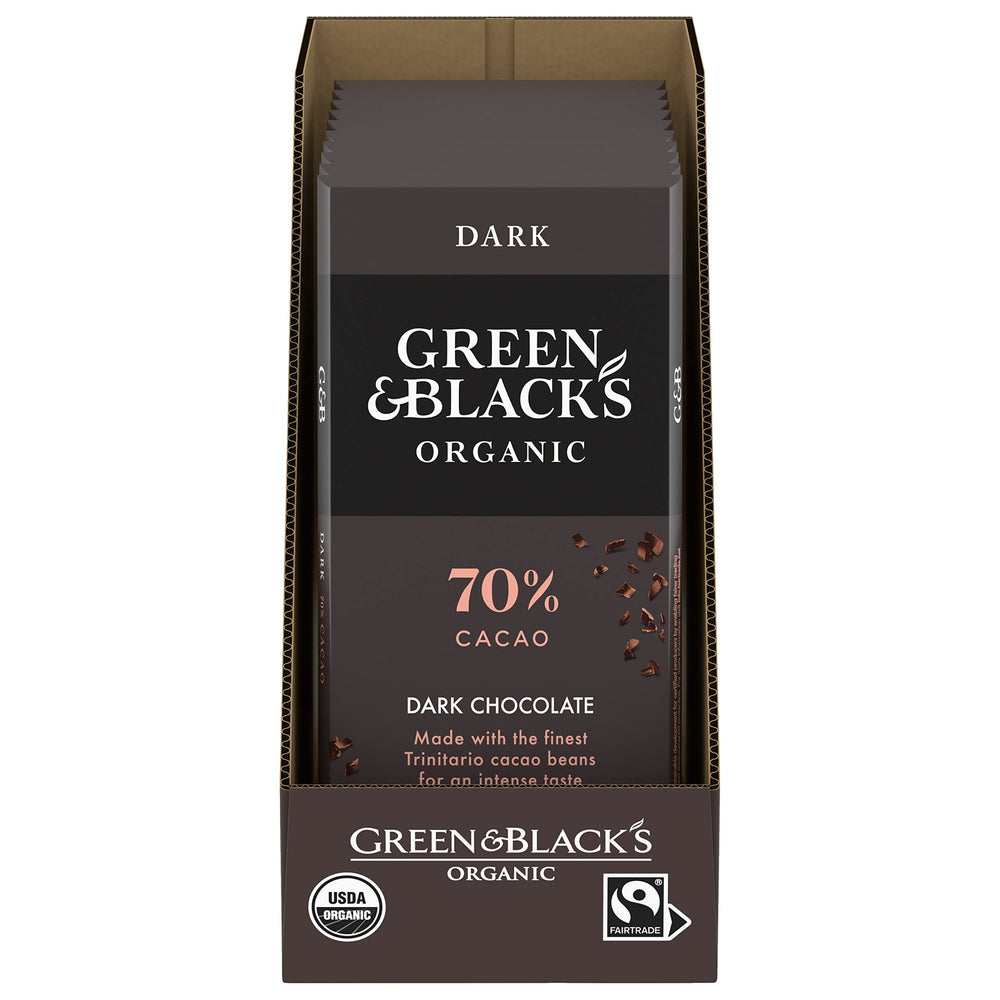 Green & Black's Organic 70% packaging highlighting premium, eco-friendly gift option