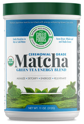 Green Foods ceremonial grade matcha canister showing freshness and quality