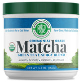 Green Foods ceremonial-grade matcha tin packaging showing premium whole-leaf quality