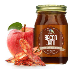 Green Jay Gourmet Bacon Jam jar front view, savory spread for burgers