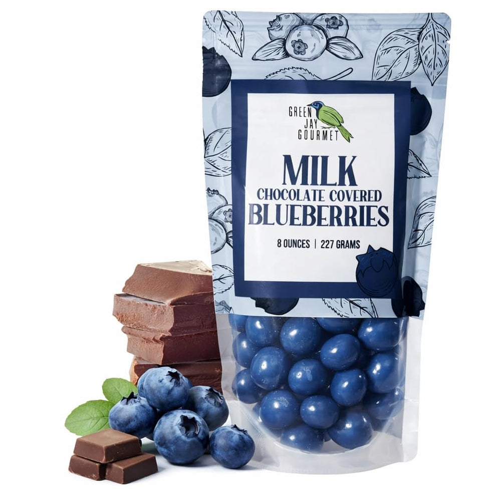 Green Jay Gourmet milk chocolate blueberries, a premium chocolate-coated fruit for gifting and snacking.