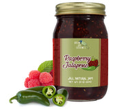 Green Jay Gourmet Raspberry Jalapeno Jam jar with bold berry and pepper blend, perfect for breakfast.