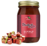 Green Jay Gourmet Rhubarb Jam jar showcases vibrant fruit blend for desserts and toast