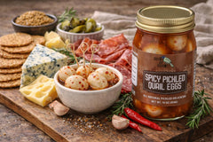 Green Jay Gourmet spicy pickled quail eggs in brine closeup, glossy and flavorful