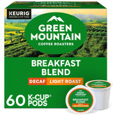 Green Mountain Breakfast Blend Decaf box front shows 60-count packaging for Keurig.