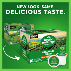 Green Mountain Breakfast Blend Decaf K-Cup pods arranged for Keurig brewing.