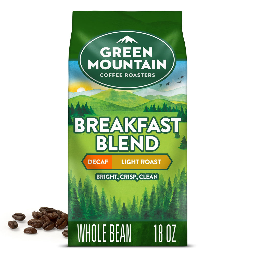 Green Mountain Breakfast Blend Decaf whole bean 18 oz ready for grind and brew