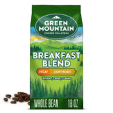 Green Mountain Breakfast Blend Decaf whole bean 18 oz ready for grind and brew