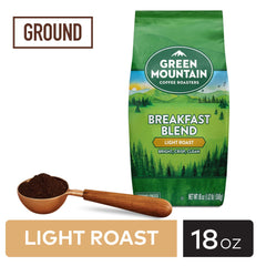 Green Mountain Breakfast Blend dry grounds closeup showing fresh roast and nutty notes.