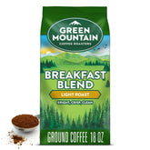 Green Mountain Breakfast Blend ground 18oz pack, bright aroma and bold morning start.
