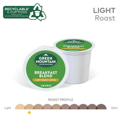 Green Mountain Breakfast Blend K-Cup pod features Indonesian bean depth for a rich profile.