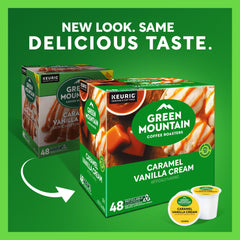Green Mountain Caramel Vanilla Cream pod brew pour, highlighting smooth caramel aroma.