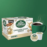 Green Mountain Cinnamon Sugar Cookie packaging with festive branding.