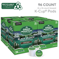 Green Mountain Coffee Roasters Black Granite espresso pod in a mug, rich flavor with quick button brewing
