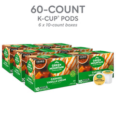 Brewing a Green Mountain Caramel Vanilla Cream K-Cup into a mug.