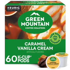 Green Mountain Caramel Vanilla Cream packaging with 60 pods for easy home use.