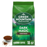 Green Mountain Coffee Roasters Dark Magic ground coffee bag shows bold aroma