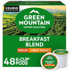 Green Mountain Coffee Roasters Decaf Breakfast Blend K-Cup pod brewing a smooth, balanced cup.