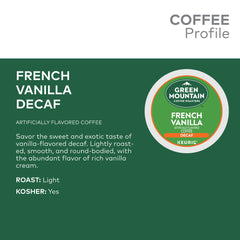 Green Mountain light roast vanilla decaf with creamy vanilla notes in cup.