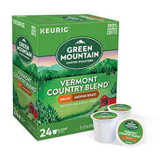 Green Mountain Vermont Country Blend Decaf K-Cups ready for Keurig brewing, smooth balance.
