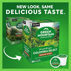 Green Mountain Colombia Select Arabica beans showcasing premium grounds.
