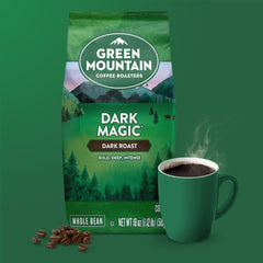 Green Mountain Dark Magic coffee beans close-up, ready to grind
