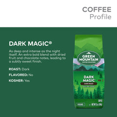 Steaming cup of Green Mountain Dark Magic coffee.