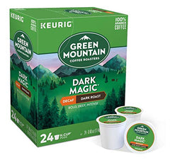 Cup-dispense scene of Green Mountain Dark Magic DECAF Extra Bold K-Cups, consistent brew strength in every cup.