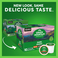 Close-up of Green Mountain Dark Magic Decaf K-Cup pod shows premium decaf grounds.