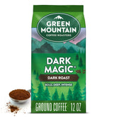 Green Mountain Dark Magic ground coffee in a 12oz bag for a bold start.