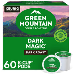 Green Mountain Dark Magic K-Cup pod close-up, rich aroma hinting at chocolate and dried fruit.