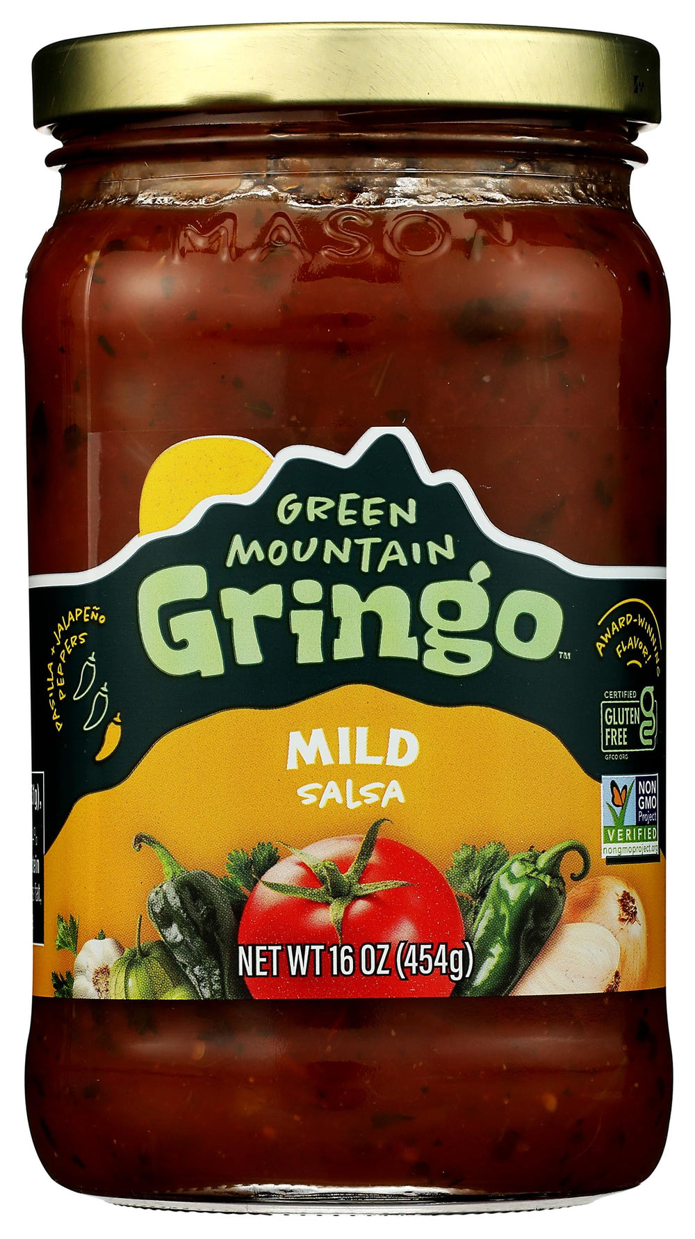 Green Mountain Gringo Mild Salsa jar showing fresh 16 oz quantity and natural ingredients.