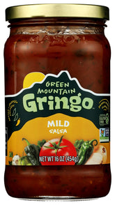 Green Mountain Gringo Mild Salsa jar showing fresh 16 oz quantity and natural ingredients.