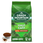 Green Mountain Half-Caff Ground Coffee bag front, bold flavor with half the caffeine
