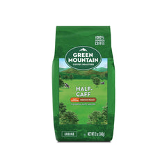 Green Mountain Half-Caff bag side showing sustainable sourcing note