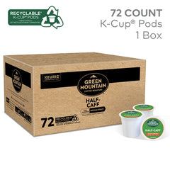 Boxed pack of Green Mountain Half Caff K-Cups for easy daily use.