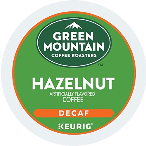 Green Mountain Hazelnut Decaf K-Cup pods in a box delivering rich aroma and flavor.