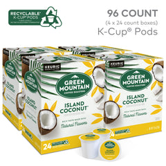 Green Mountain Island Coconut packaging highlights bold aroma.