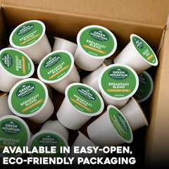 Green Mountain K-Cup pods pack demonstrates compatibility with Keurig machines.